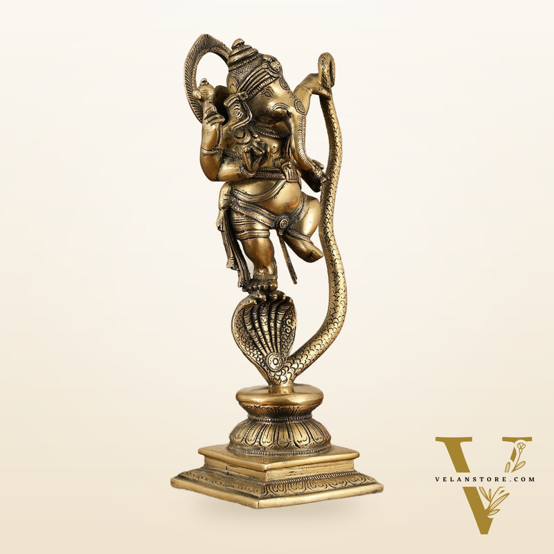 Brass Ganesha Dancing on Vasuki Naag Sculpture – 11.5 Inch