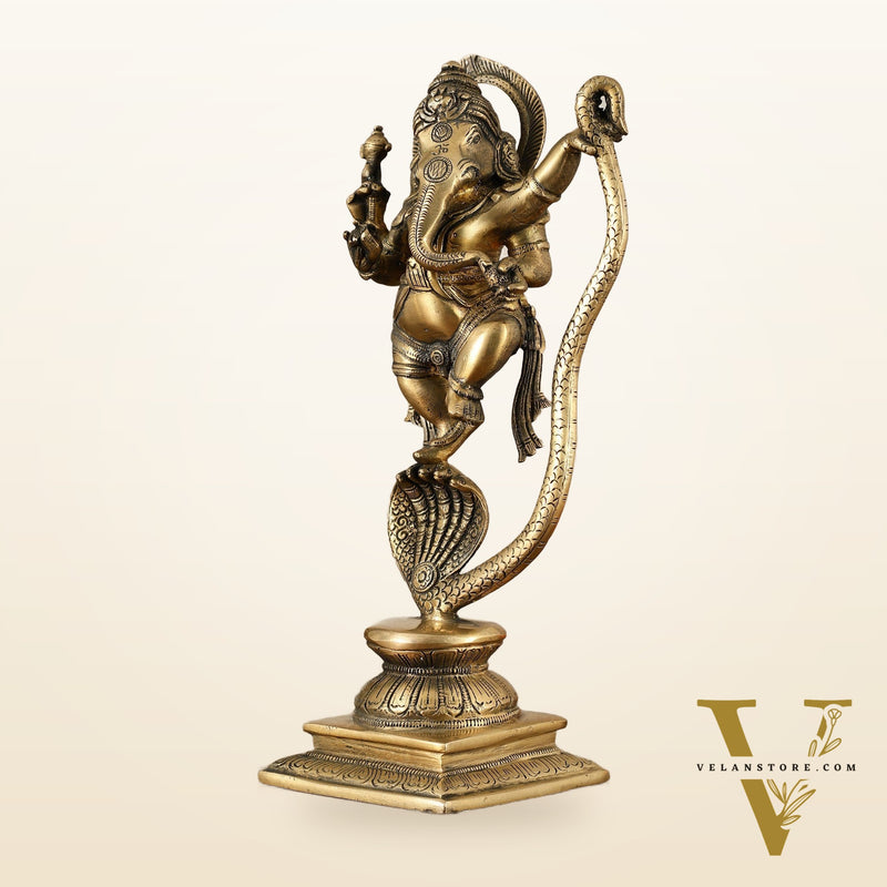 Brass Ganesha Dancing on Vasuki Naag Sculpture – 11.5 Inch