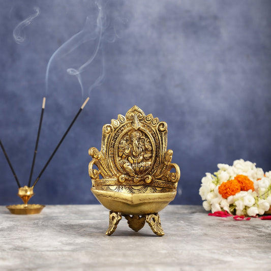 Brass Ganesha Diya Oil Lamp - 7 Inch