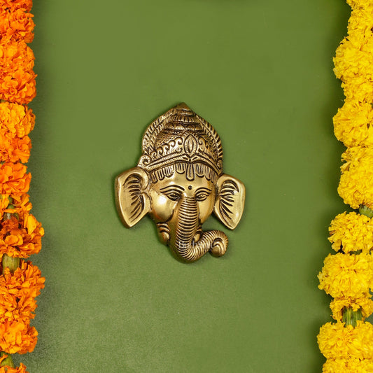 Brass Ganesha Face Wall Hanging - 4 x 3.5 inch
