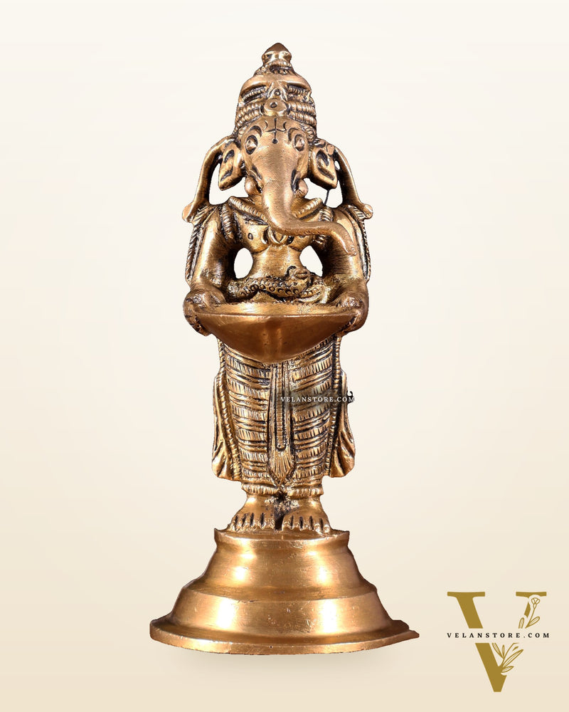 Brass Ganesha Holding Single Diya Statue 5.5"