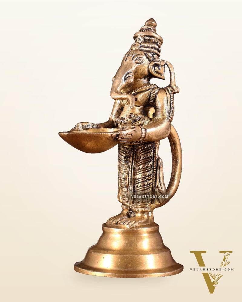 Brass Ganesha Holding Single Diya Statue 5.5"