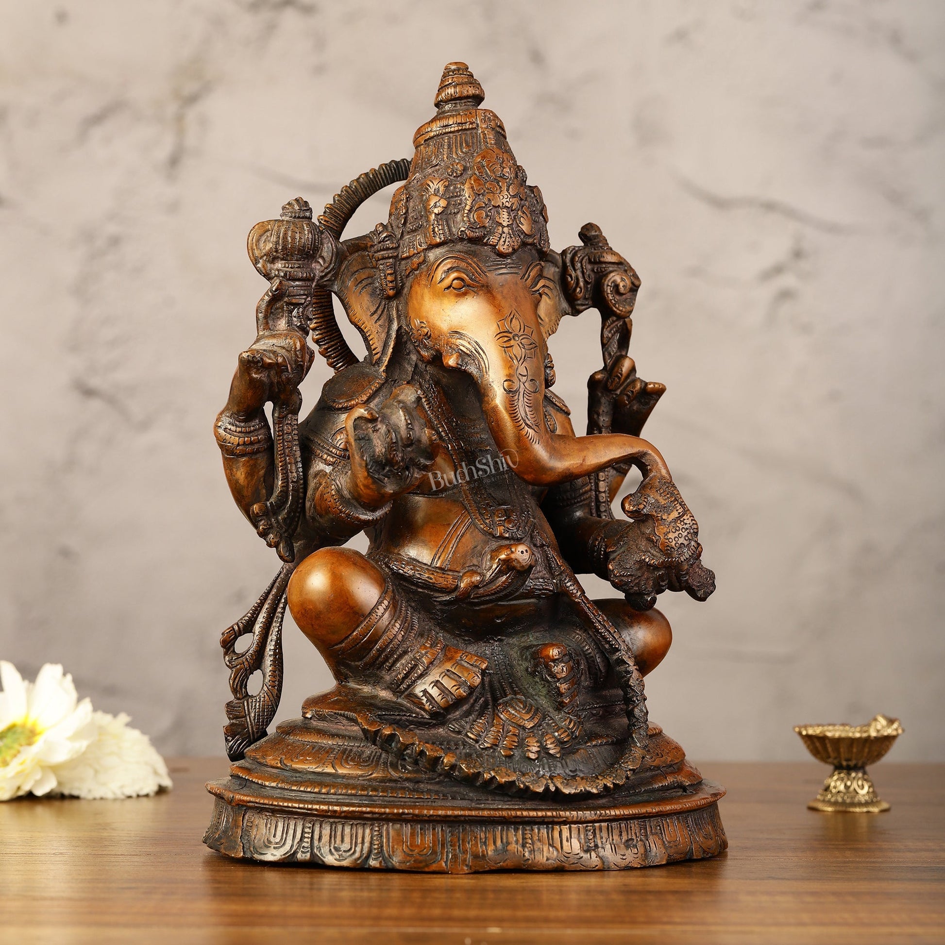 Brass Ganesha Idol - 11" Height | Antique Bronze Touch