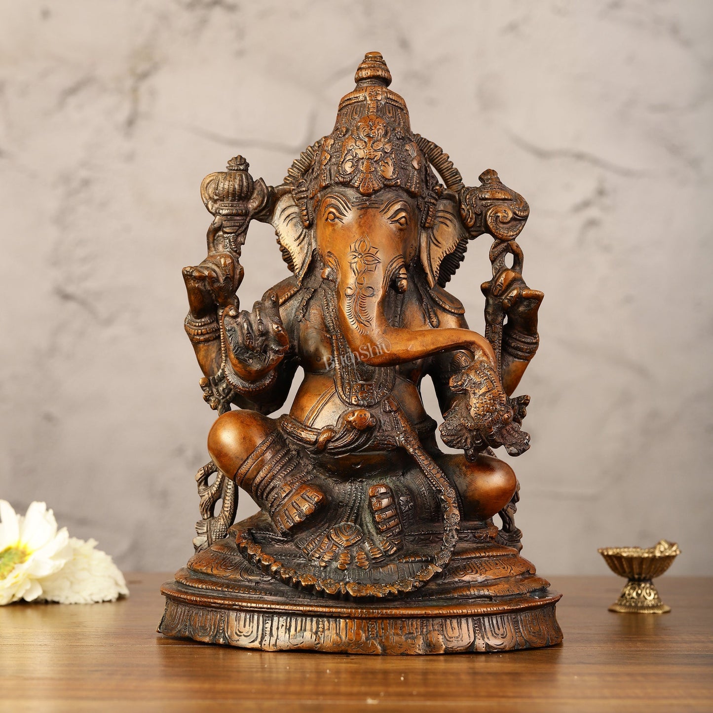 Brass Ganesha Idol - 11" Height | Antique Bronze Touch