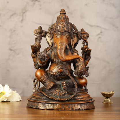 Brass Ganesha Idol - 11" Height | Antique Bronze Touch