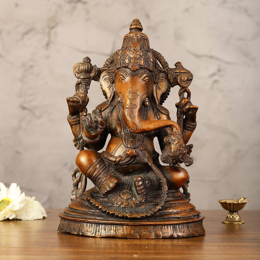 Brass Ganesha Idol - 11" Height | Antique Bronze Touch