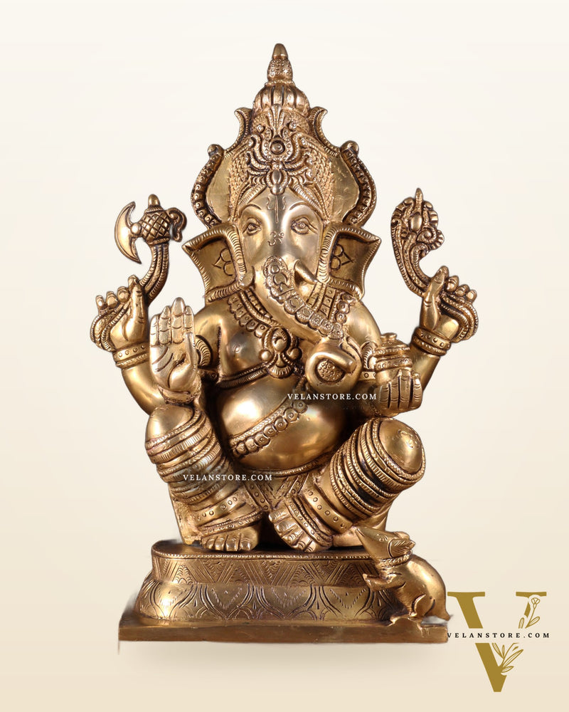 Brass Ganesha Idol - 11.5 Inch Statue enhanced carvings