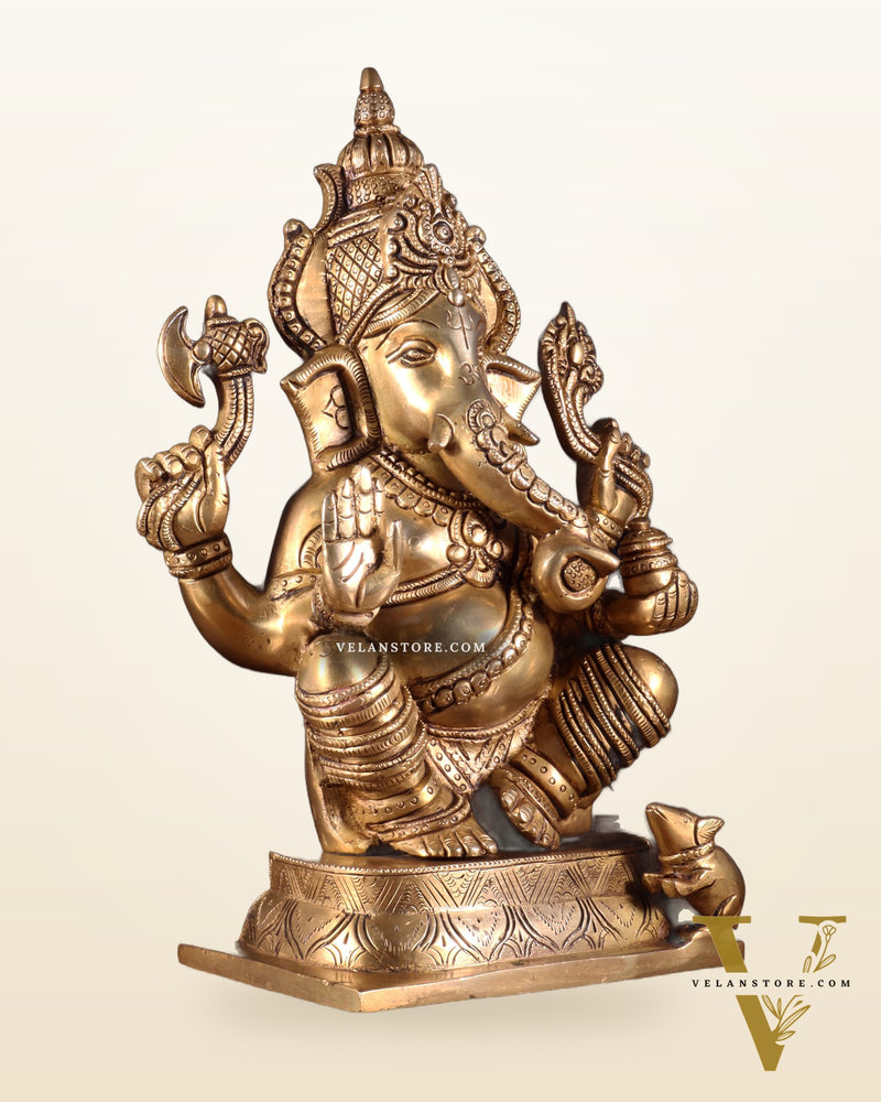 Brass Ganesha Idol - 11.5 Inch Statue enhanced carvings