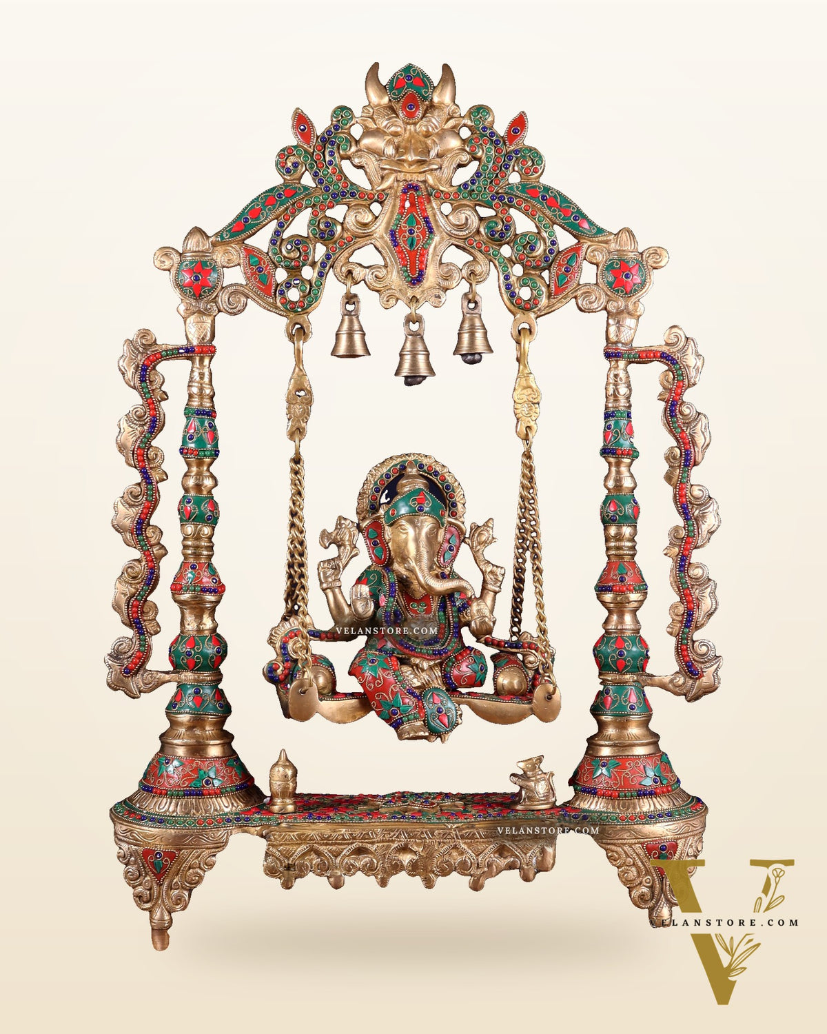 Brass Ganesha idol on large Swing jhoola - 26 inch floral stonework