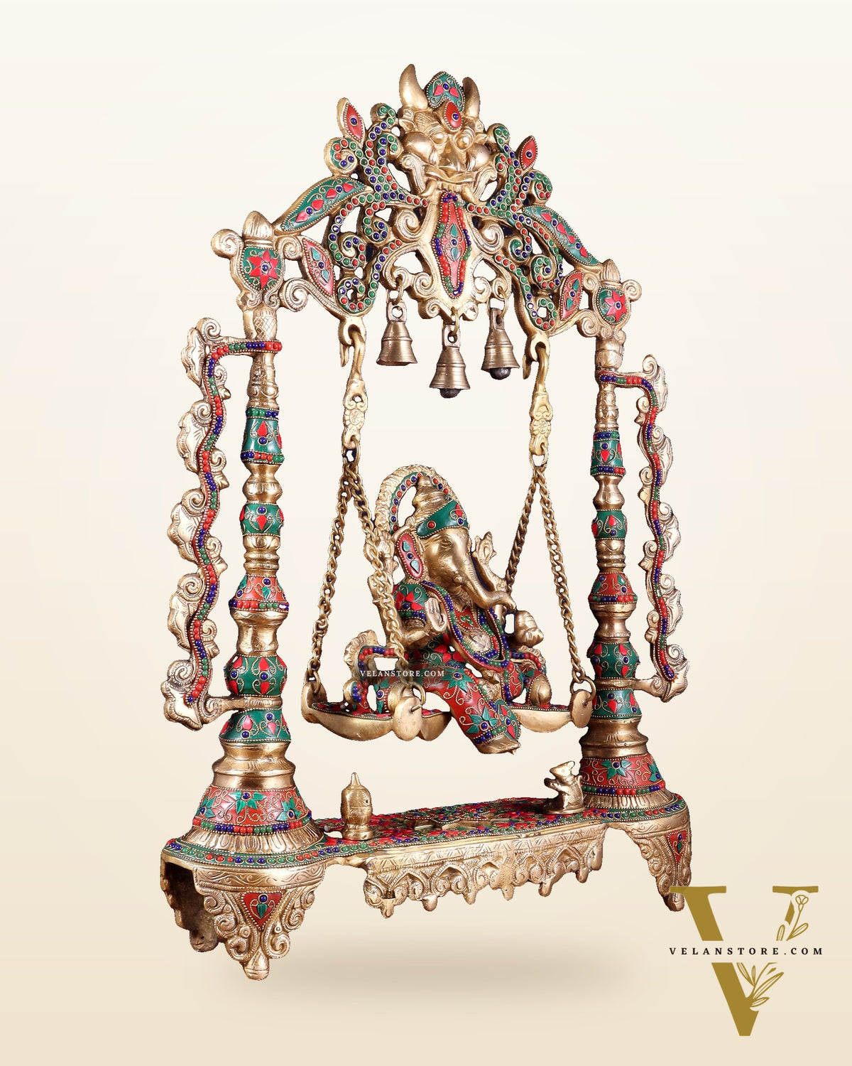 Brass Ganesha idol on large Swing jhoola - 26 inch floral stonework