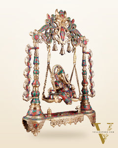 Brass Ganesha idol on large Swing jhoola - 26 inch floral stonework