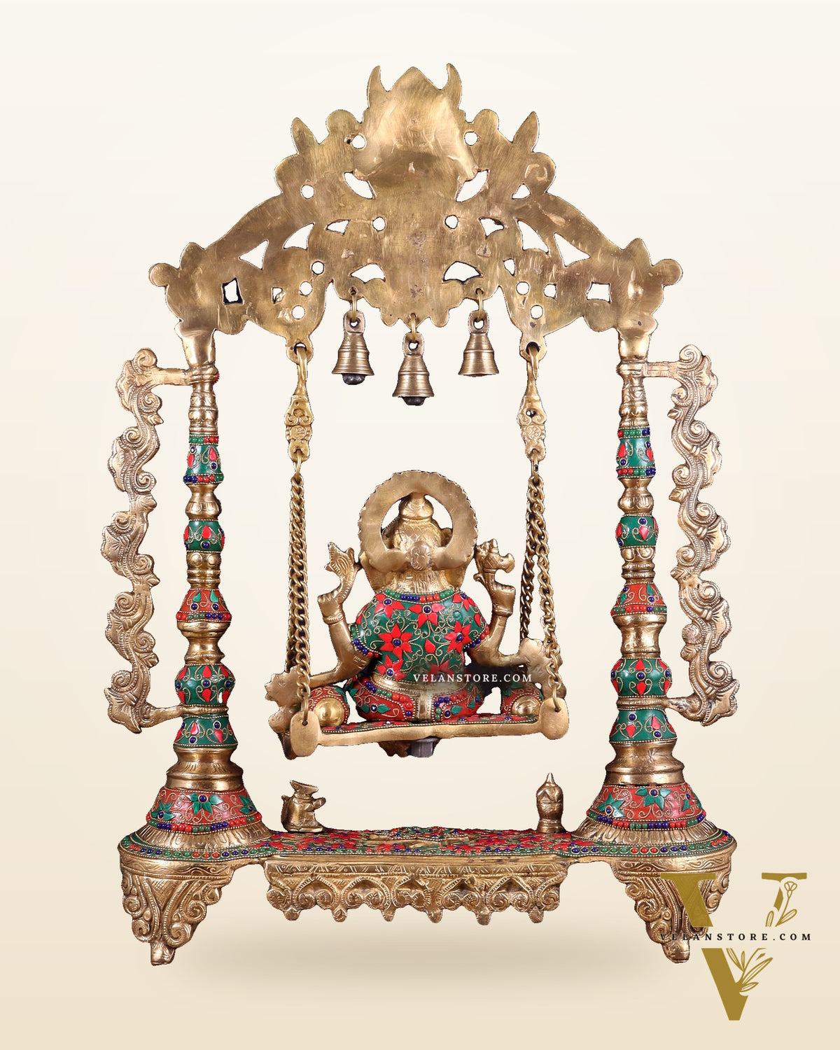 Brass Ganesha idol on large Swing jhoola - 26 inch floral stonework