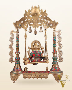 Brass Ganesha idol on large Swing jhoola - 26 inch floral stonework