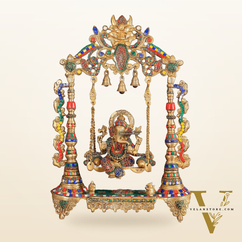 Brass Ganesha idol on large Swing jhoola - 26 inch large