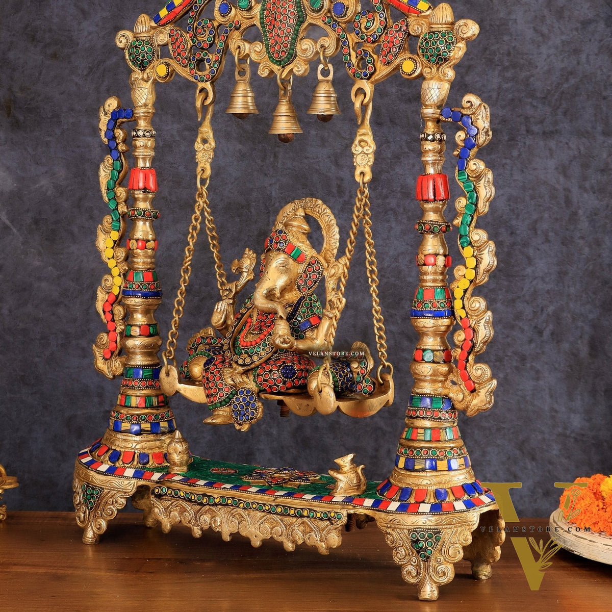 Brass Ganesha idol on large Swing jhoola - 26 inch large