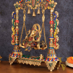 Brass Ganesha idol on large Swing jhoola - 26 inch large