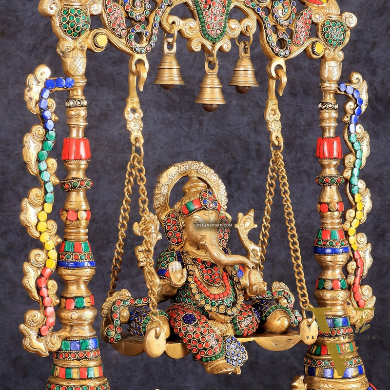 Brass Ganesha idol on large Swing jhoola - 26 inch large