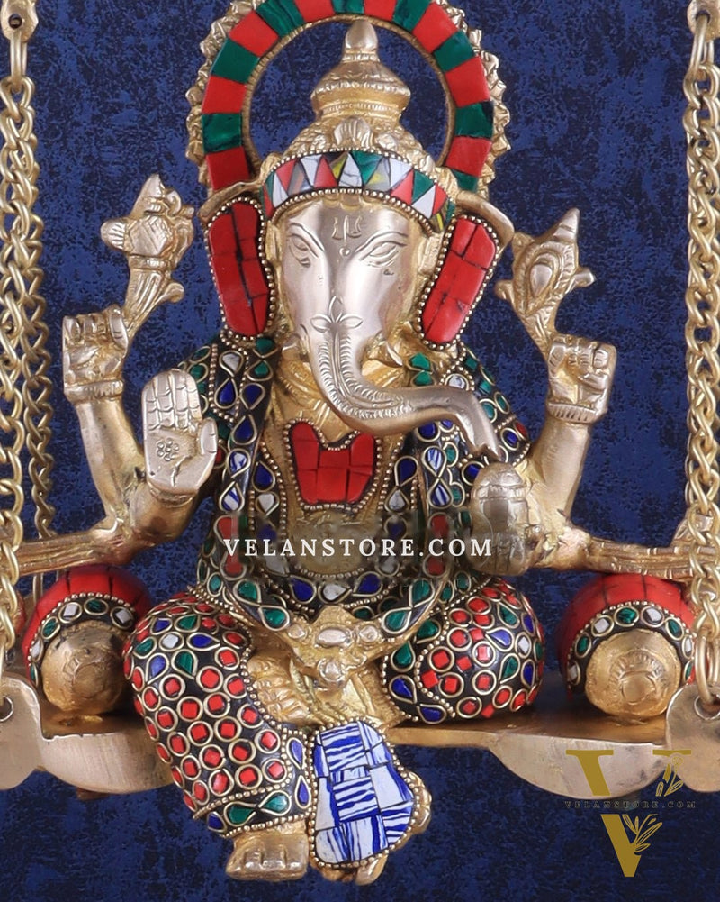 Brass Ganesha idol on large Swing jhoola - 26 inch large