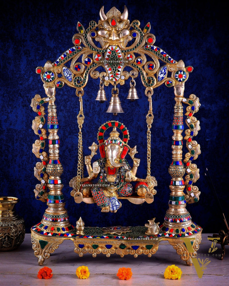 Brass Ganesha idol on large Swing jhoola - 26 inch large