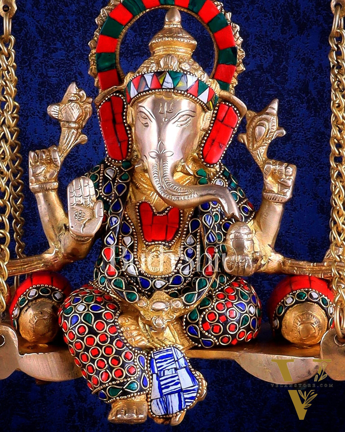 Brass Ganesha idol on large Swing jhoola - 26 inch large