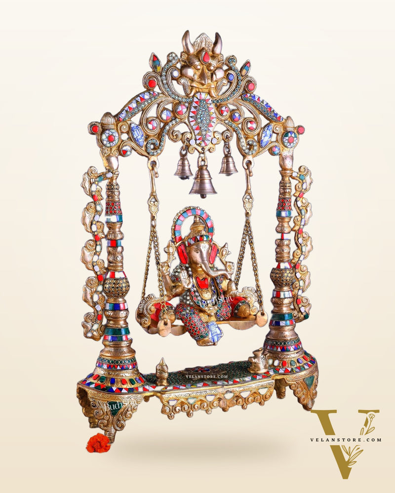 Brass Ganesha idol on large Swing jhoola - 26 inch large