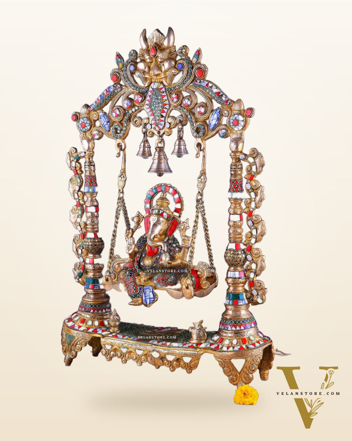 Brass Ganesha idol on large Swing jhoola - 26 inch large