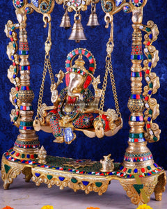 Brass Ganesha idol on large Swing jhoola - 26 inch large
