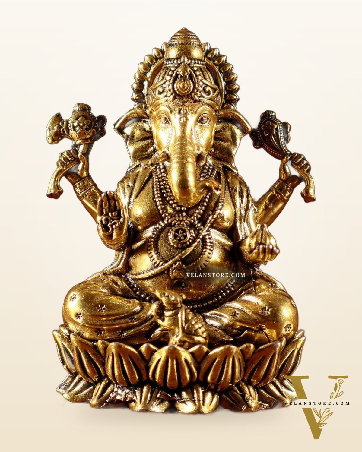 Brass Ganesha Idol on Lotus Base – Superfine Carvings in Golden Tone 3.5 inch and 4.25 inch and 4.8 inch