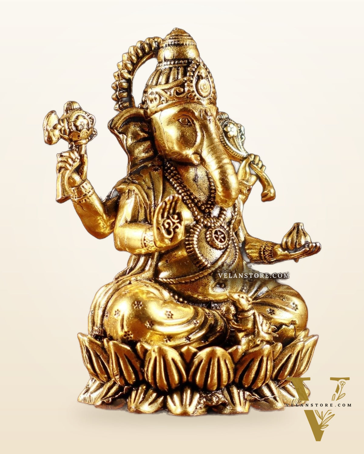 Brass Ganesha Idol on Lotus Base – Superfine Carvings in Golden Tone 3.5 inch and 4.25 inch and 4.8 inch