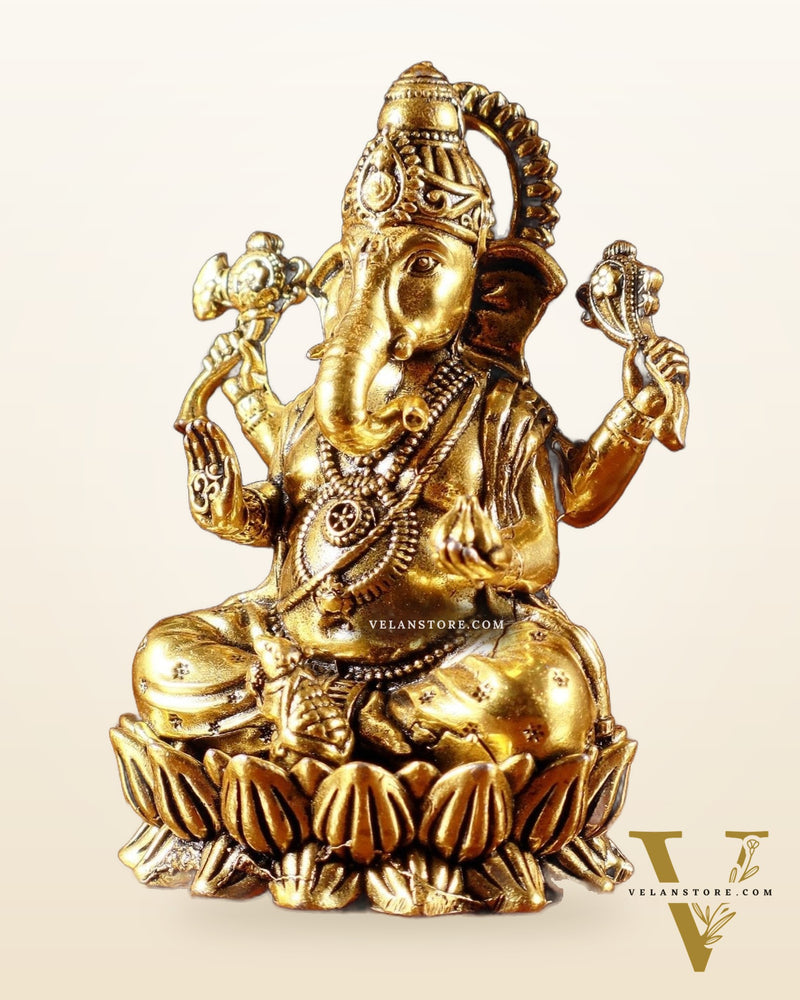 Brass Ganesha Idol on Lotus Base – Superfine Carvings in Golden Tone 3.5 inch and 4.25 inch and 4.8 inch