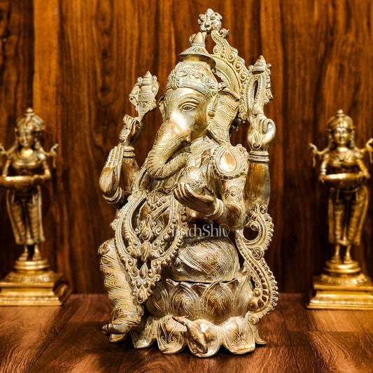 Brass Ganesha Idol on Lotus Pedestal -  21-inch Tall