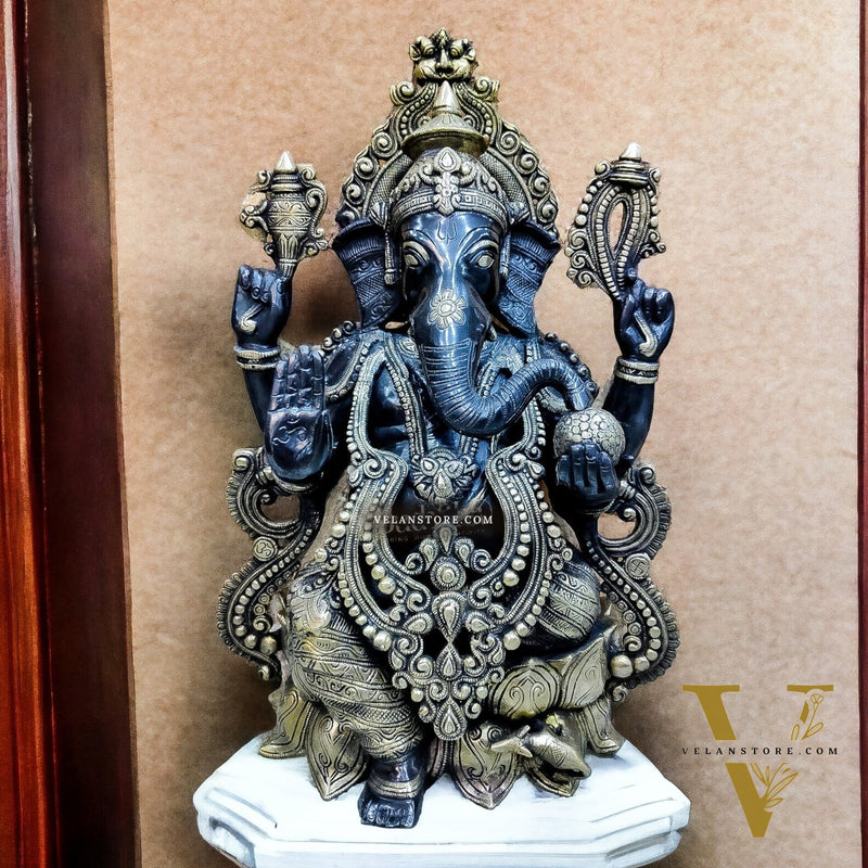 Brass Ganesha Idol on Lotus Pedestal with Mouse - Handcrafted 21-inch Tall