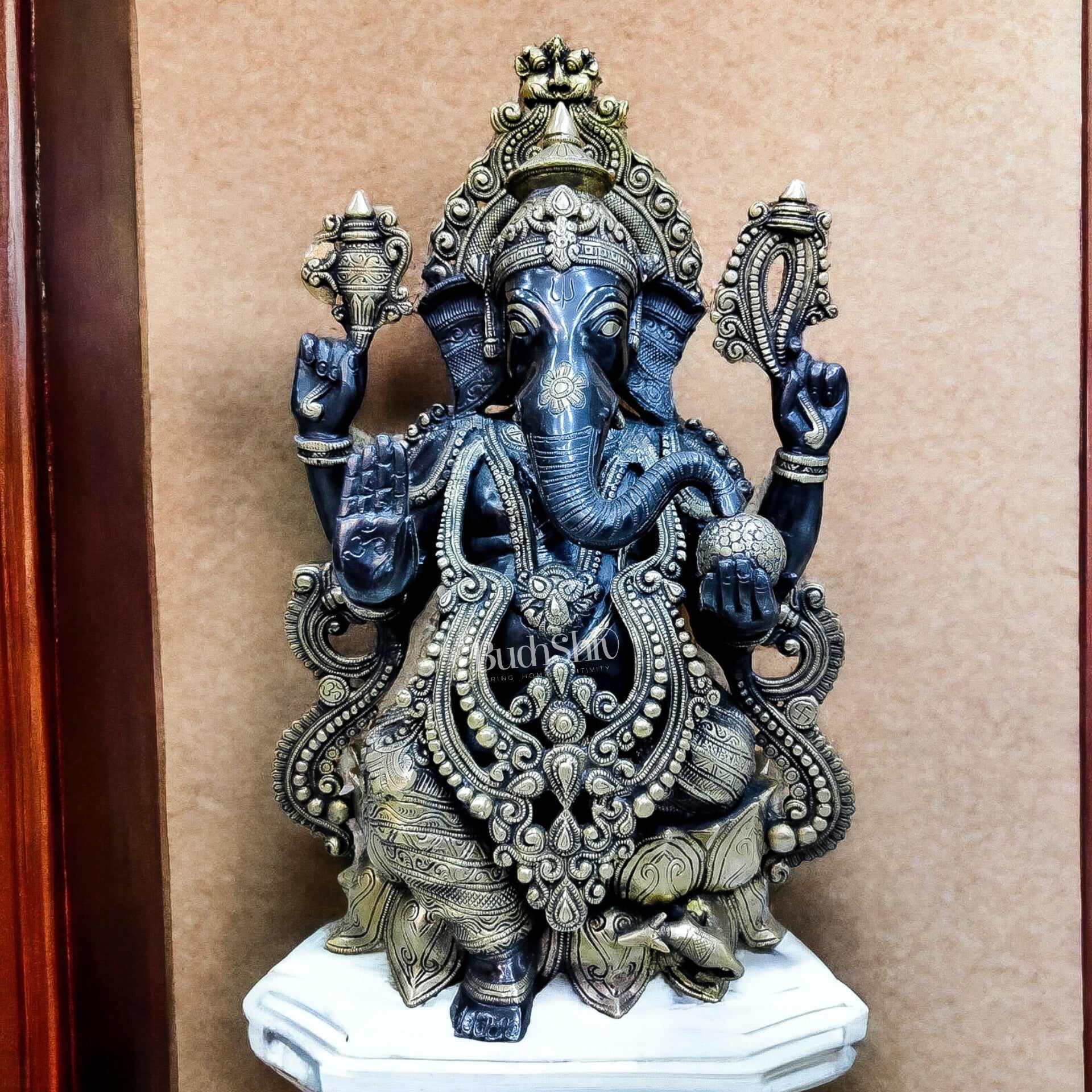 Brass Ganesha Idol on Lotus Pedestal with Mouse - Handcrafted 21-inch Tall