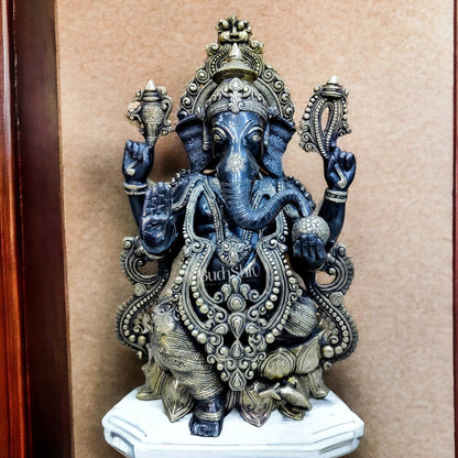 Brass Ganesha Idol on Lotus Pedestal with Mouse - Handcrafted 21-inch Tall