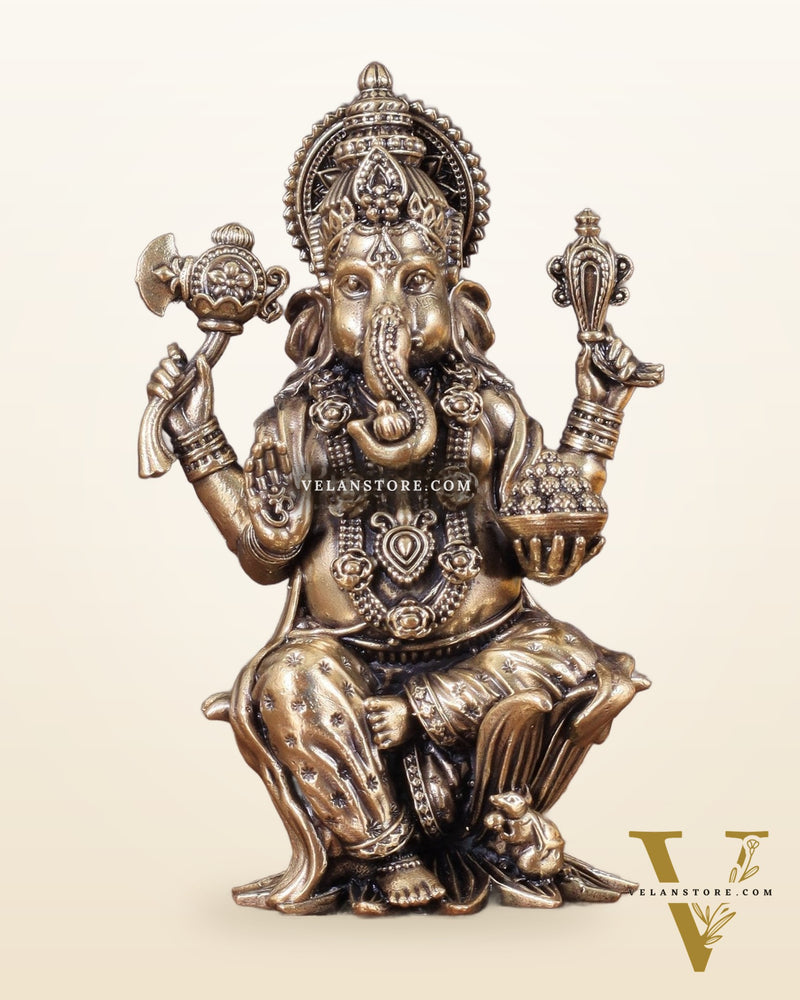 Brass Ganesha Idol Seated on Lotus 4 inch right side trunk