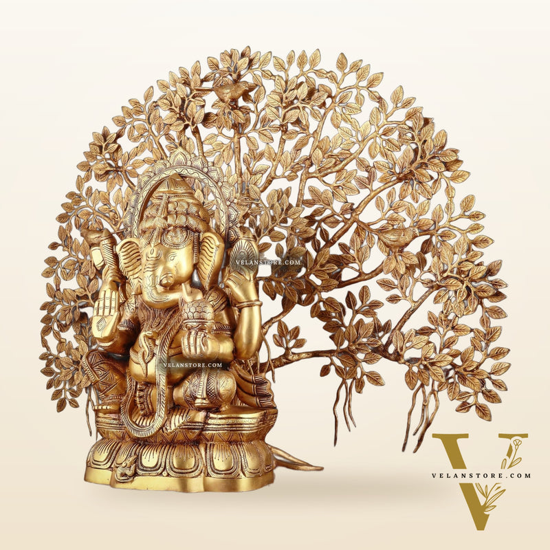 Brass Ganesha Idol Superfine Carvings & Kalpavriksha Tree – Entrance Decor Combo
