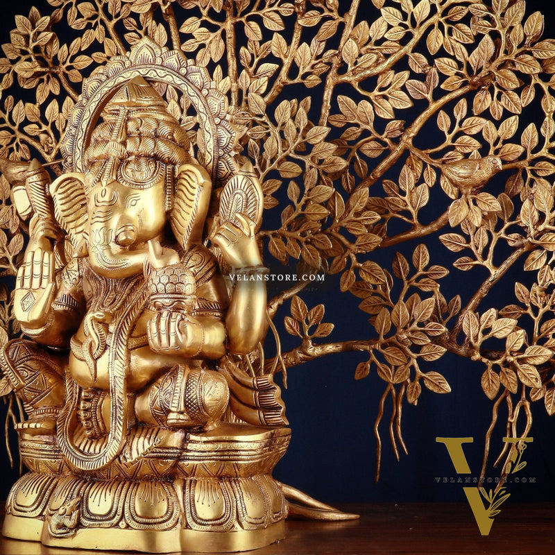 Brass Ganesha Idol Superfine Carvings & Kalpavriksha Tree – Entrance Decor Combo