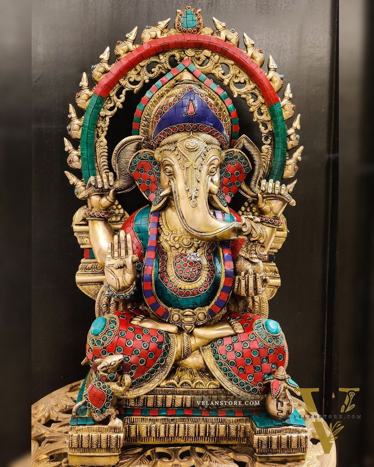 Brass Ganesha Idol: Unique Prabhavali with Carved Mice 21 inch