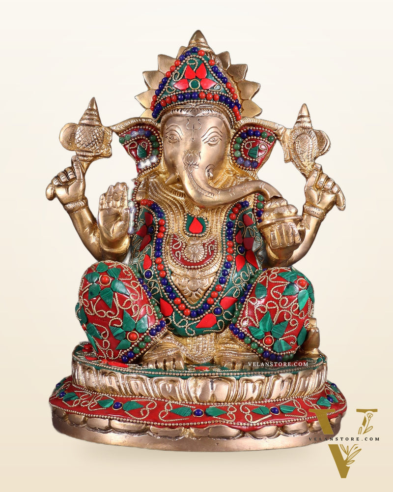 Brass Ganesha Idol with Floral Stonework 10"