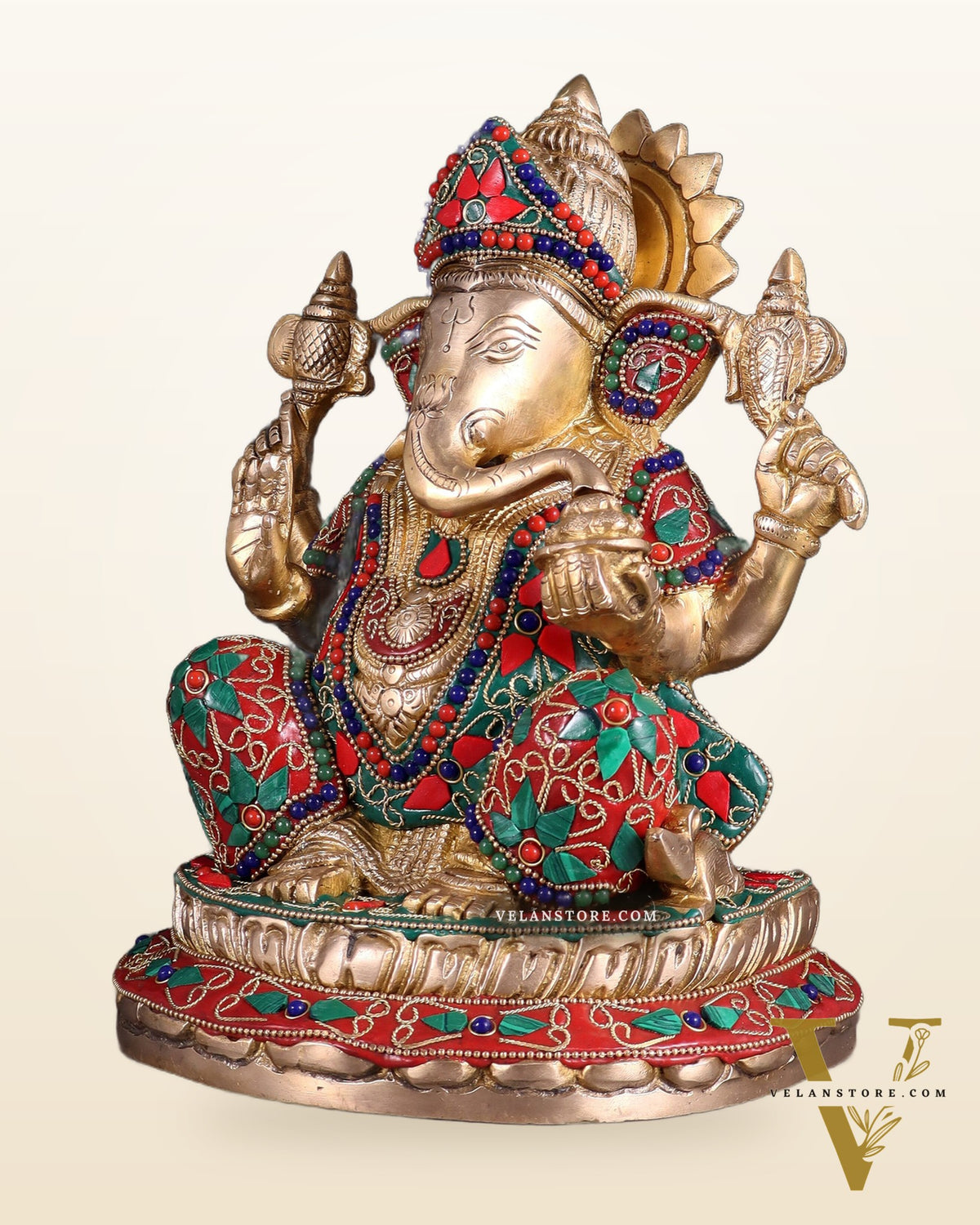 Brass Ganesha Idol with Floral Stonework 10"