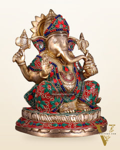 Brass Ganesha Idol with Floral Stonework 10"