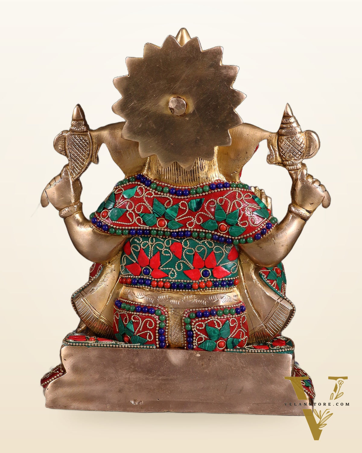 Brass Ganesha Idol with Floral Stonework 10"