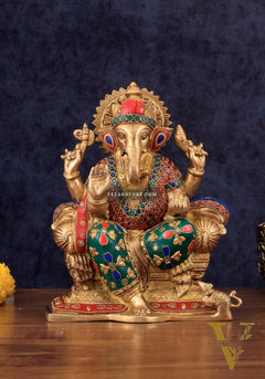 Brass Ganesha Idol with Meenakari Stonework | 10" Height