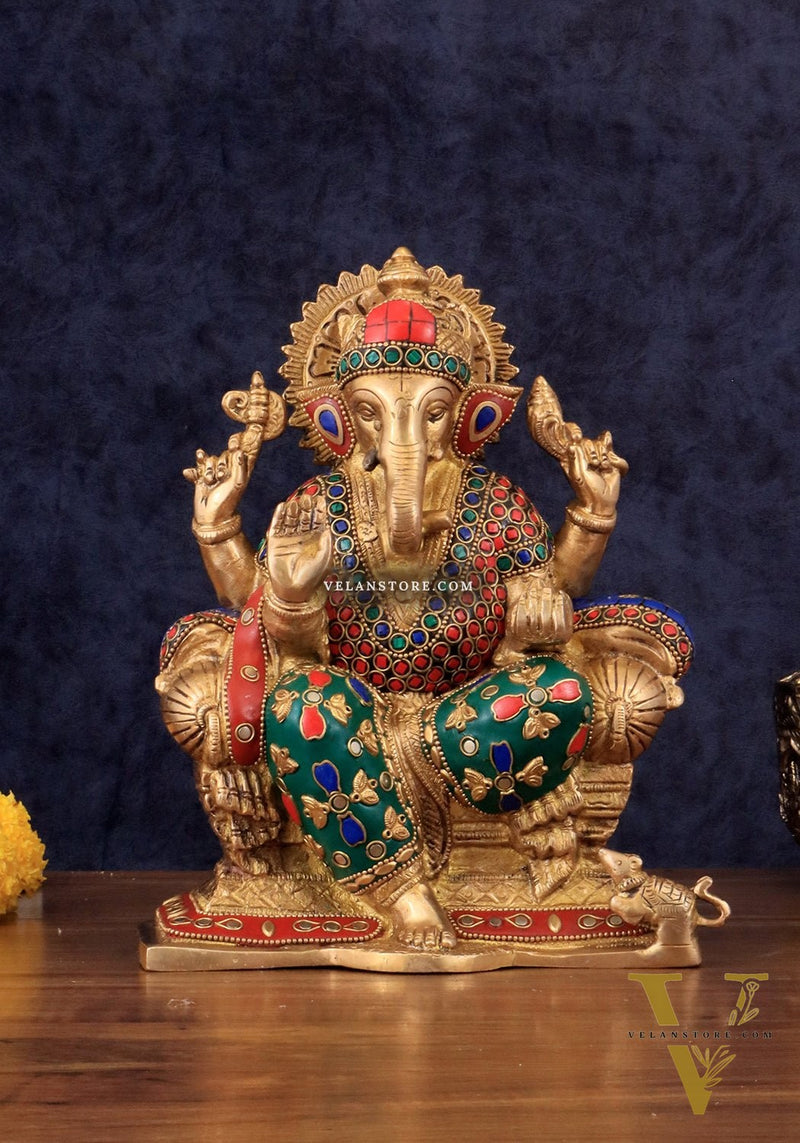Brass Ganesha Idol with Meenakari Stonework | 10" Height