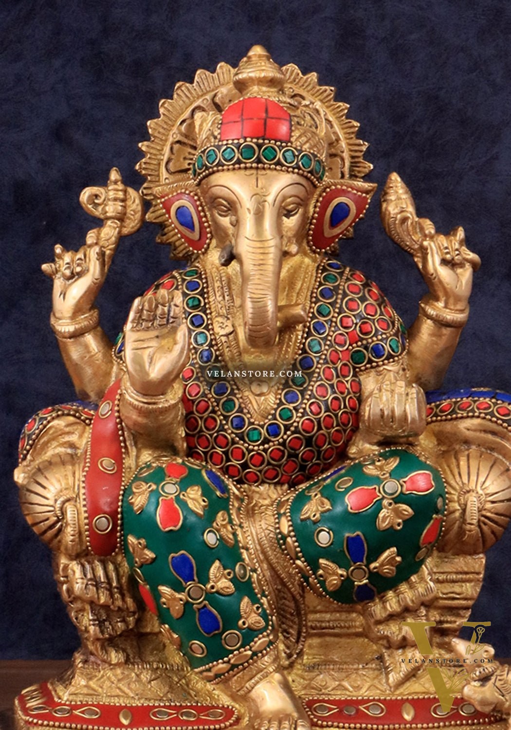 Brass Ganesha Idol with Meenakari Stonework | 10" Height