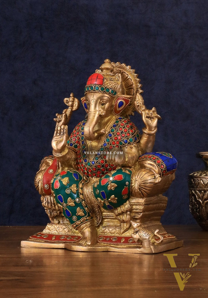 Brass Ganesha Idol with Meenakari Stonework | 10" Height