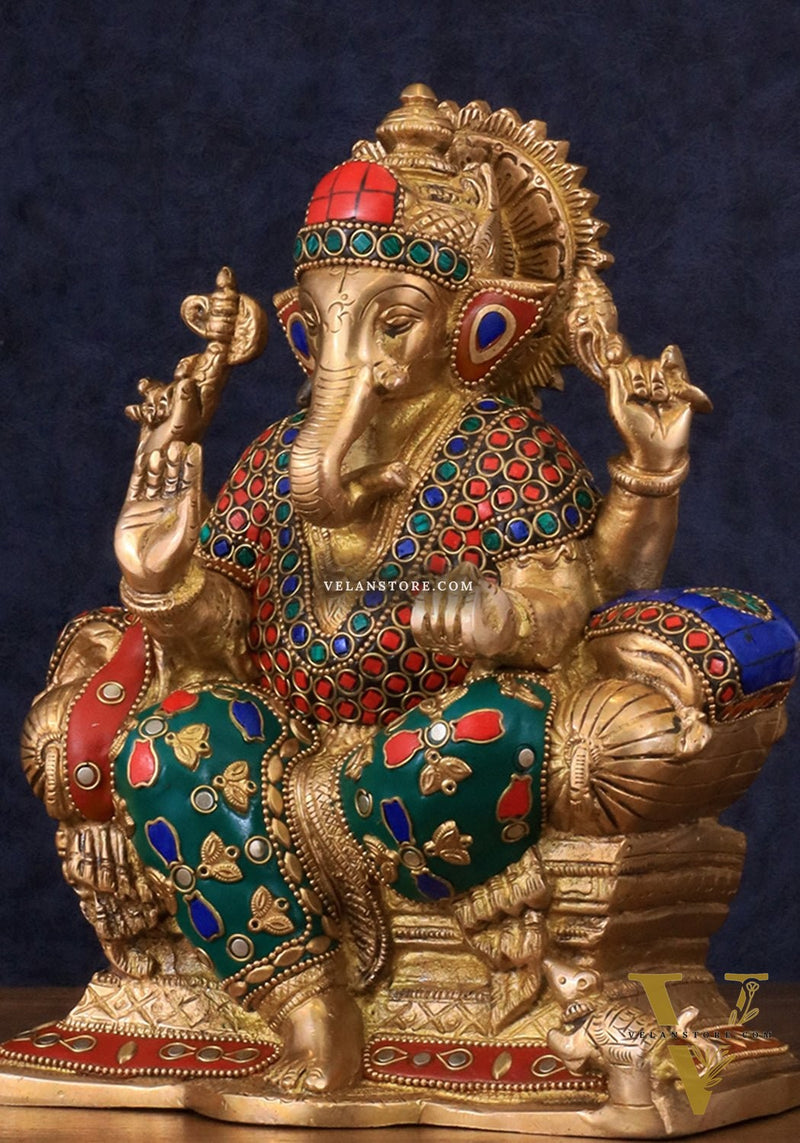 Brass Ganesha Idol with Meenakari Stonework | 10" Height