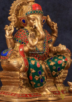 Brass Ganesha Idol with Meenakari Stonework | 10" Height