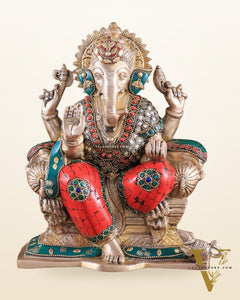 Brass Ganesha Idol with Meenakari Stonework | 10" Height