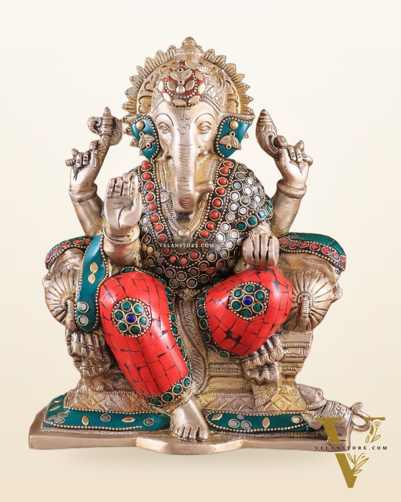 Brass Ganesha Idol with Meenakari Stonework | 10" Height